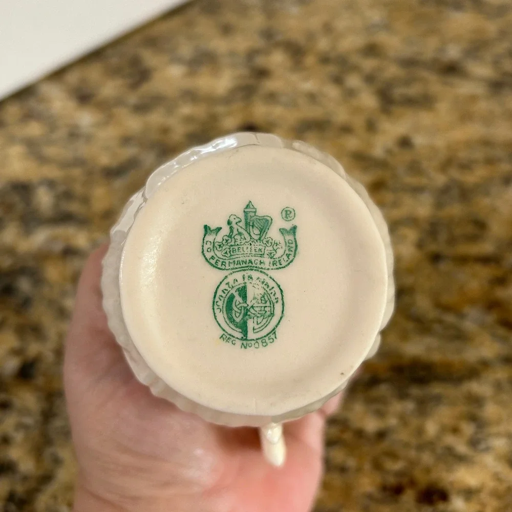 Belleek Shamrock Creamer 3.5in Ivory Basketweave Parian China Green Mark